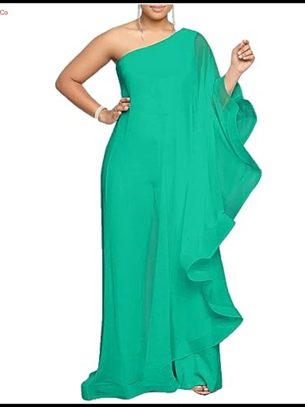 One Shoulder Wide Leg Jumpsuit Ruffle Overlay Loose Fit Party